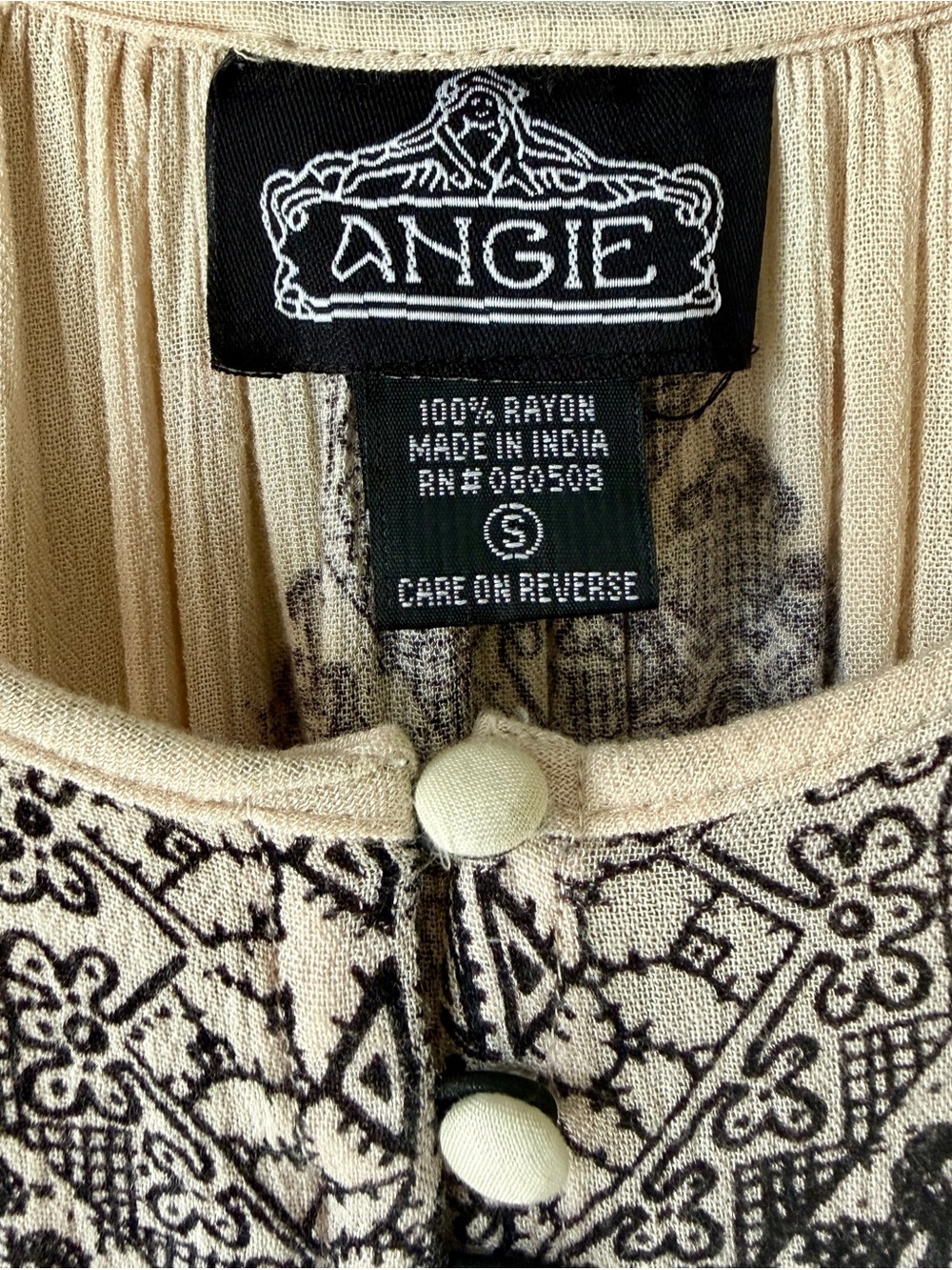 Angie Boho Geometric festivalTunic Blouse Cream Mustard Yellow Black size Small - Picture 3 of 5